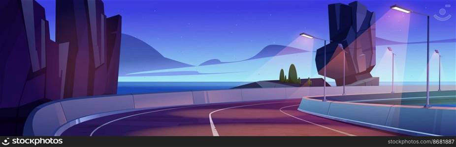 Car road on sea shore at sunset or sunrise. Vector cartoon landscape of ocean shore, mountains and highway with street lamps and concrete fencing. Summer seascape with road and rocks on coast. Car road on sea shore at sunset or sunrise