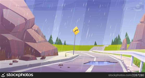 Car road, rocks and green fields in rain. Vector cartoon illustration of summer landscape with mountains, meadows, coniferous trees on horizon and asphalt highway with puddle at rainy weather. Car road, rocks and green fields in rain