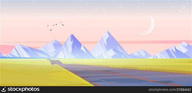 Car road to mountains on green valley in morning. Vector cartoon illustration of summer landscape with empty asphalt highway, white rocks on horizon, waxing moon and stars in sky. Car road to mountains on green valley in morning