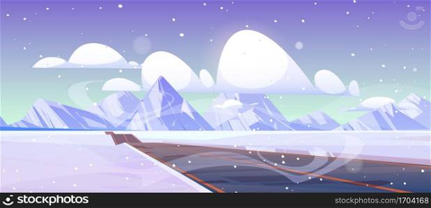 Car road to mountains on snow valley in winter. Vector cartoon illustration of landscape with empty asphalt highway, white rocks on horizon, snowfall and clouds in sky. Car road to mountains on snow valley in winter