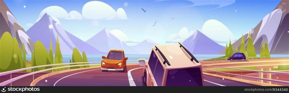 Car road trip to mountain vector cartoon landscape. Summer travel adventure to drive on curve highway. Curvy route to ocean water and alps environment perspective scene. Weekend vehicle traffic. Car road trip to mountain vector cartoon landscape