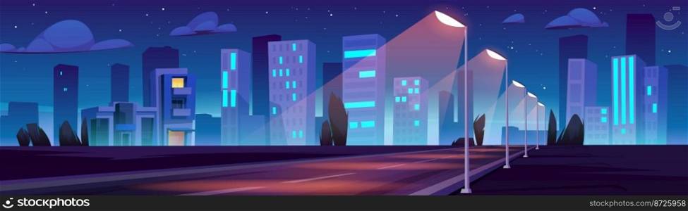 Car road with street lights and city buildings at night. Urban landscape with empty highway, houses, trees and stars in dark sky at evening, vector cartoon illustration. Car road with street lights and city at night