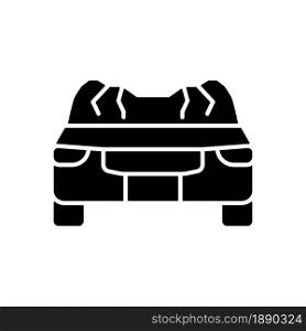 Car roof damage black glyph icon. Rollover accident. Auto collapse. Equipment failure. Automobile roof displacement. Vehicle accident. Silhouette symbol on white space. Vector isolated illustration. Car roof damage black glyph icon