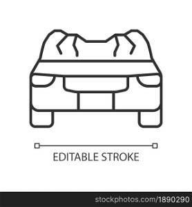 Car roof damage linear icon. Rollover accident. Auto collapse. Equipment failure. Car accident. Thin line customizable illustration. Contour symbol. Vector isolated outline drawing. Editable stroke. Car roof damage linear icon