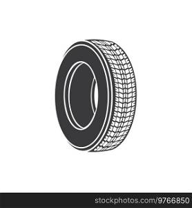 Car rubber wheel part isolated black tire or tyre icon. Vector vehicle repair spare part, speed motion equipment, side view. Automobile rim with tread pattern surface, summer or winter tyre mockup. Vehicle tyre rim isolated rubber automobile tire