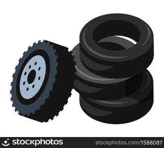 Car runner tyres in pile, vehicle service and equipment vector. Isolated winter or summer tire for vehicles and transports. Automobile maintenance and repairing broken elements flat style illustration. Car runner tyres in pile, vehicle service and equipment