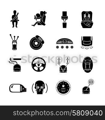 Car safety auto transportation protection icons black set isolated vector illustration. Car Safety Icons Black