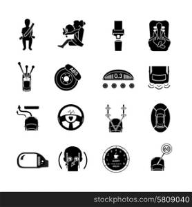 Car safety auto transportation protection icons black set isolated vector illustration. Car Safety Icons Black
