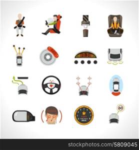 Car safety system safe driver and passenger transportation icons set isolated vector illustration. Car Safety System Icons