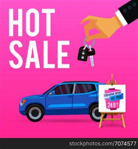 Car sale banner. Vector illustration with cartoon-style car. Blue suv on pink background. Poster hot sale car. Car sale banner. Vector illustration with cartoon-style car. Blue suv on pink background