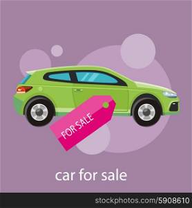 Car sale design template with modern car and tag. Concept in flat style cartoon design on stylish background. Car sale design template