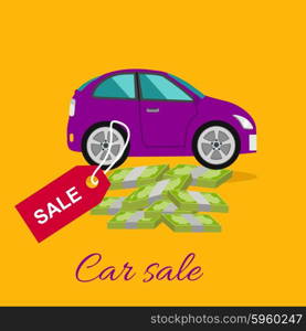 Car sale design template with modern car and tag. Concept in flat style cartoon design on stylish background. Car, sale, car dealership, car showroom, car lot, car salesman, car dealer, used car