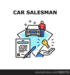 Car Salesman Vector Icon Concept. Car Salesman Showing Automobile For Customer, Signing Sale Agreement And Give Key. Transport Dealer Salesperson Selling Motocar Color Illustration. Car Salesman Vector Concept Color Illustration