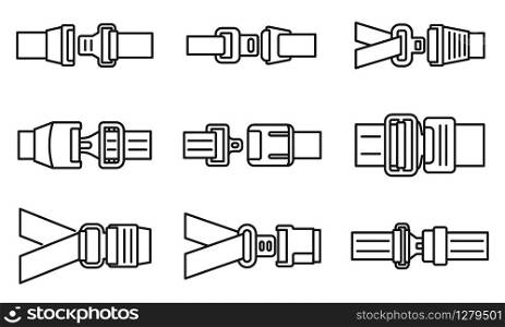 Car seatbelt icons set. Outline set of car seatbelt vector icons for web design isolated on white background. Car seatbelt icons set, outline style