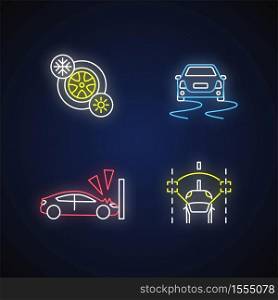 Car security measures neon light icons set. Signs with outer glowing effect. Seasonal tyres, crash test, stability control and lane keeping systems. Vector isolated RGB color illustrations. Car security measures neon light icons set