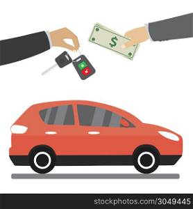 Car seller hand giving key to buyer. Buying or renting business,flat vector concept illustration. Car seller hand giving key to buyer