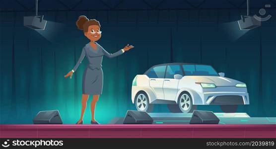 Car seller presenting modern automobile on show room stage, auto presentation in salon or exhibition with saleswoman and vehicle on scene with spotlights and curtains, Cartoon vector illustration. Car seller presenting modern automobile on stage