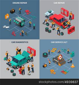Car Service 4 Isometric Icons Square . Auto service center 4 isometric icons square composition with diagnostic and car maintenance units isolated vector illustration