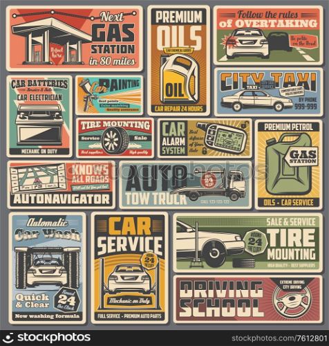 Car service and auto parts retro vector posters. Repair shop, vehicle tire mounting, motor oil. Mechanic on duty, auto painting service. Gas station, autonavigator and driving school vintage cards set. Car service and auto parts retro vector posters