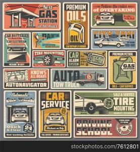 Car service and auto parts retro vector posters. Repair shop, vehicle tire mounting, motor oil. Mechanic on duty, auto painting service. Gas station, autonavigator and driving school vintage cards set. Car service and auto parts retro vector posters