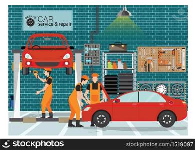 Car service and repair center or garage with worker, exterior building with the various departments, vector illustration..