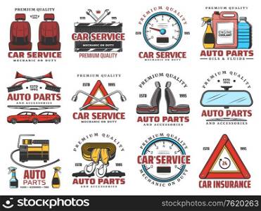 Car service auto center and automobile spare parts shop icons. Vector vehicle mechanic repair garage station, engine oil, car fluids, tire wheel lug wrench, tow truck service and car insurance. Car service, auto parts shop and mechanic garage