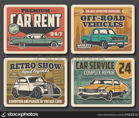 Car service, auto mechanic maintenance and automobile repair retro poster Vector old rare cars motor show, travel off-road vehicles rental, diagnostics and transport repair garage station. Auto service, rarity car repair retro posters