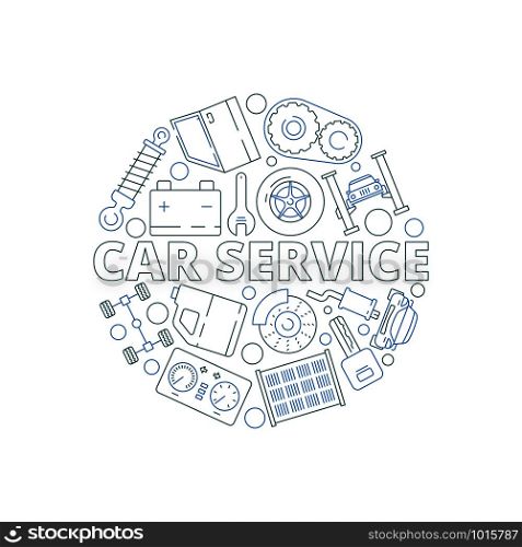 Car service background. Mechanical automobile parts in circle shape starter engine gear garage vector thin symbols Illustration of automobile service badge with icons tools and spare part. Car service background. Mechanical automobile parts in circle shape starter engine gear garage vector thin symbols