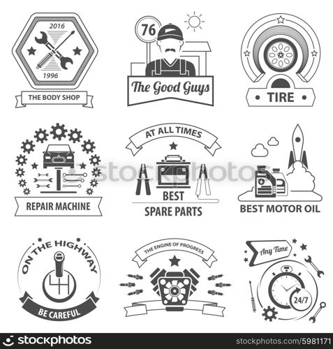 Car service black label set with premium quality workshop symbols isolated vector illustration. Car Service Label Set