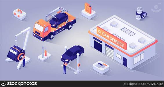 Car Service Building, Evacuator Stands near. Man Technician Characters Repairs Motor, other Master Replaces Wheels. Professional Auto Mechanics at Work. Isometric. Vector 3d Illustration.. Car Service Building with Mechanics at Work Vector