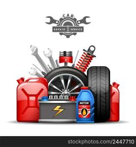 Car service center colorful advertisement composition poster with wheels tires oil and gas canister flat abstract vector illustration . Car Service Composition Ad Flat Illustration