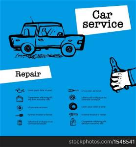 Car service concept. Car repair. Web banner with scene presents workers in car service, tire service, car repair etc. Doodle ink style vector illustration. Car service concept. Web banner with scene presents workers in car service, tire service, car repair etc. Doodle ink style vector illustration.
