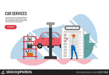 Car service concept with character.Creative flat design for web banner
