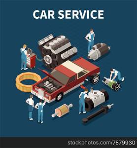 Car service concept with spare parts symbols isometric vector illustration