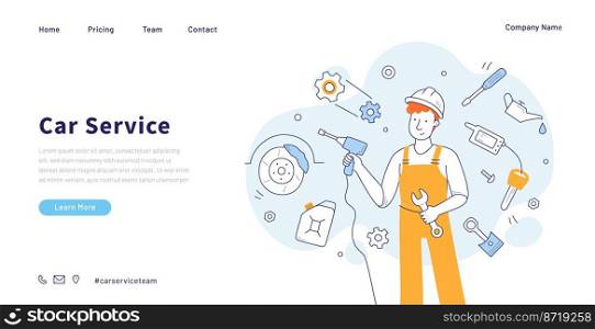 Car service doodle landing page. Mechanic character dressed in overalls hold drill and wrench, repair staff with instruments in garage. Auto checking, fixing and maintenance, Linear vector web banner. Car service doodle landing page, mechanic garage