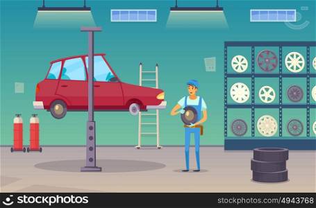 Car Service Garage Cartoon Composition Poster . Auto repair shop service worker replaces damaged tyre and changing wheels with car lift poster vector illustration