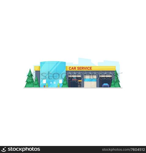 Car service garage isolated building facade. Vector vehicles repair and maintenance station. Vehicle repair and maintenance isolated building