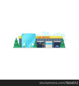 Car service garage isolated building facade. Vector vehicles repair and maintenance station. Vehicle repair and maintenance isolated building