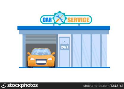 Car Service Garage. Maintenance 24 Hour Machine Check and Fix Station. Vehicle Repair Company Building with Yellow Car in it. Simple Steering and Transmission Diagnostic. Quality Tuning.. Car Service Garage. Maintenance 24 Hour Station