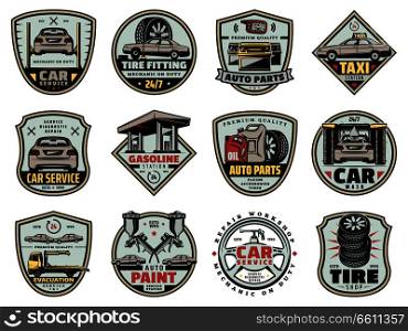 Car service, gas station and auto spare parts shop icons. Vector vehicle painting, engine tuning and wheel tire pumping, oil change and brake fluids or car wash system. Car garage service and mechanic repair icons