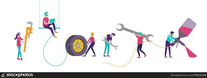 Car service having their repaired, cartoon people characters paint car, change wheels, automobile repair shop, vehicle service concept. Vector flat style illustration. Car service having their repaired, people paint car, change wheels, automobile repair shop, vehicle service concept. Vector flat style