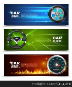 Car Service Horizontal Banners. Car service horizontal banners with tire steering wheel and speedometer in realistic light style vector illustration