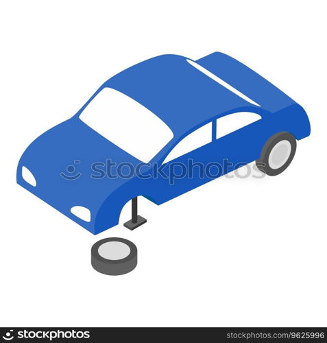 Car service icon isometric vector. Passenger car in process of changing wheel. Tire service, repair. Car service icon isometric vector. Passenger car in process of changing wheel