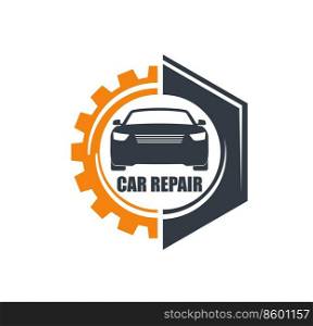 Car service icon. Vehicles repair, maintenance workshop or service center vector symbol, auto spare parts shop icon, sign or emblem with modern sport car silhouette, engine gear. Car repair, maintenance service icon