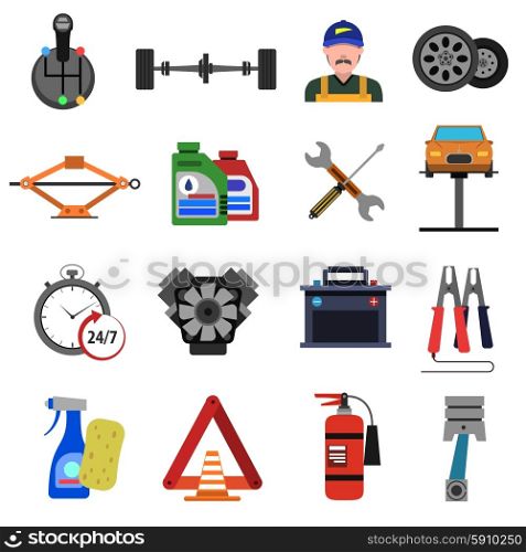 Car service icons flat set with auto repair symbols isolated vector illustration. Car Service Icons Flat Set