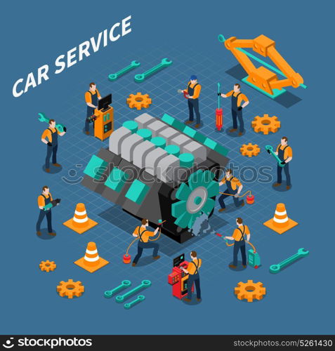 Car Service Isometric Composition. Car service isometric composition with people equipment and tools symbols vector illustration