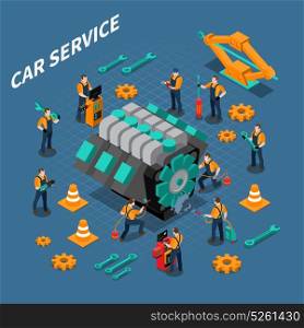 Car Service Isometric Composition. Car service isometric composition with people equipment and tools symbols vector illustration