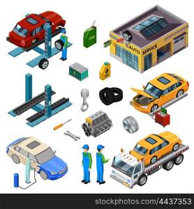 Car Service Isometric Decorative Icons. Car service isometric decorative icons set with workshop tow truck jack mechanic tools for repair and working staff vector illustration