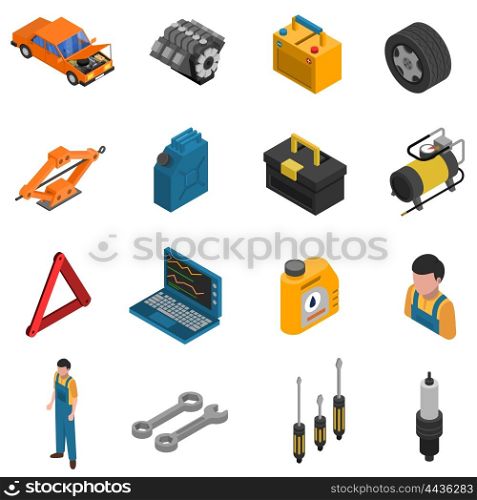 Car Service Isometric Isolated Icon Set. Isometric isolated icon set with colorful elements of car service like equipment staff and tools vector illustration