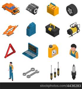 Car Service Isometric Isolated Icon Set. Isometric isolated icon set with colorful elements of car service like equipment staff and tools vector illustration